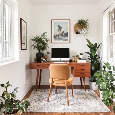 Büronische im Mid-Century Modern Stil mit einem Teakholz-Schreibtisch und Grünpflanzen