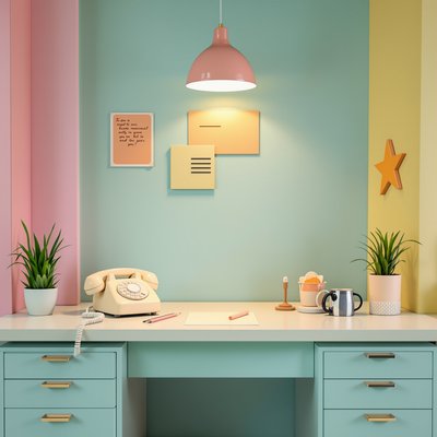 Retro-Büroecke mit Pastellfarben und einem Wählscheibentelefon