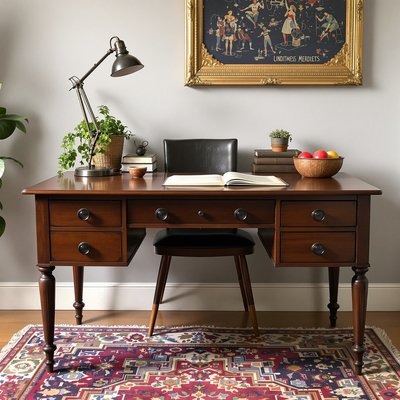 Vintage-Büroausstattung mit einem robusten Bibliothekstisch und einer antiken Lampe