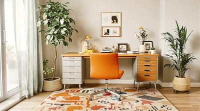 Büroecke im Stil der 1970er Jahre mit orangefarbenem Vinylstuhl und Shaggy-Teppich