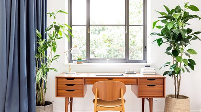 Büronische im Mid-Century Modern Stil mit einem Teakholz-Schreibtisch und Grünpflanzen