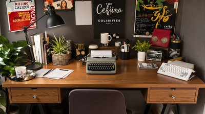 Retro-Stil Büroecke mit einem hölzernen Schreibtisch und einer Vintage-Schreibmaschine