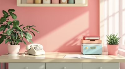 Retro-Büroecke mit Pastellfarben und einem Wählscheibentelefon