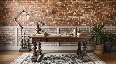 Vintage-Büroausstattung mit einem robusten Bibliothekstisch und einer antiken Lampe