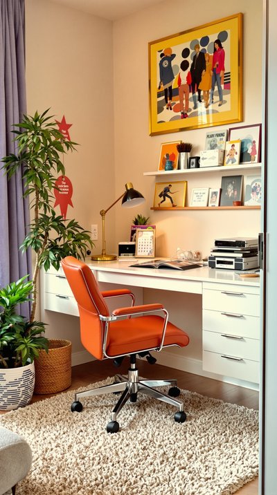 Büroecke im Stil der 1970er Jahre mit orangefarbenem Vinylstuhl und Shaggy-Teppich