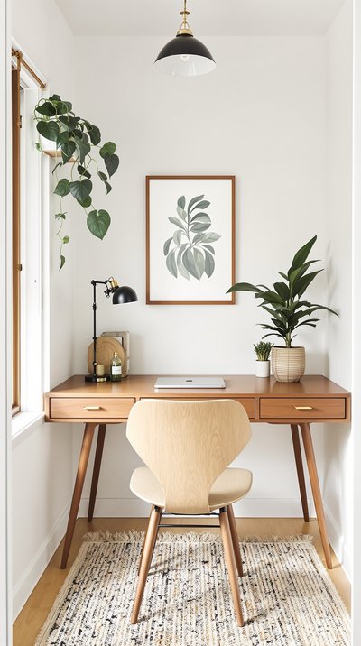 Büronische im Mid-Century Modern Stil mit einem Teakholz-Schreibtisch und Grünpflanzen