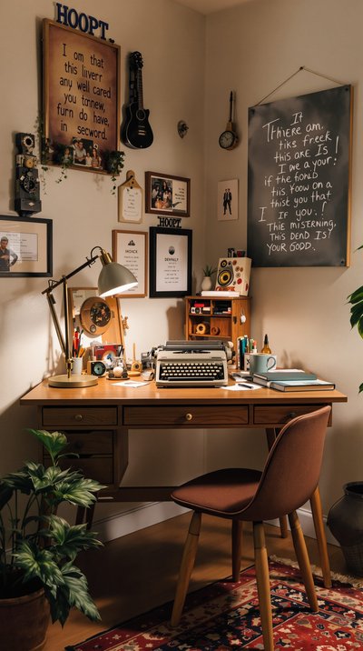 Retro-Stil Büroecke mit einem hölzernen Schreibtisch und einer Vintage-Schreibmaschine