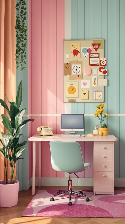 Retro-Büroecke mit Pastellfarben und einem Wählscheibentelefon