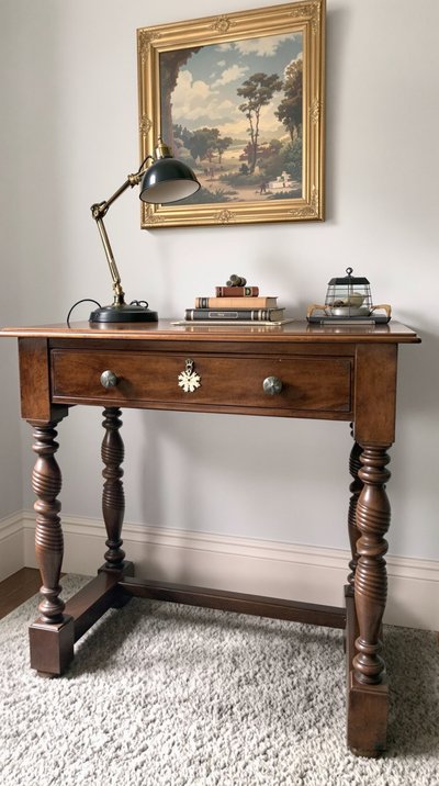 Vintage-Büroausstattung mit einem robusten Bibliothekstisch und einer antiken Lampe