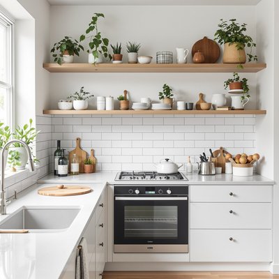 Kompakte, lichtdurchflutete skandinavische Küche mit offenen Regalen und weißen U-Bahn-Fliesen.