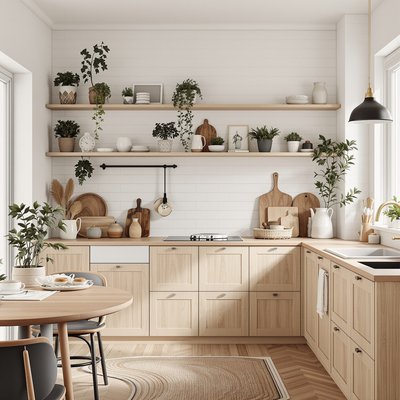 Gemütliche skandinavische Küche mit natürlichen Holzelementen und weißen Wänden.