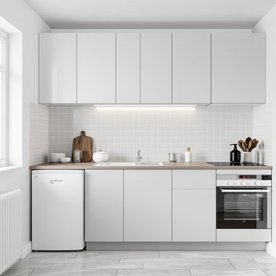 Minimalistische skandinavische Küche mit hellgrauen Fliesen und weißen Geräten.