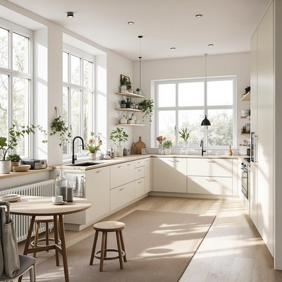 Geräumige skandinavische Küche mit großen Fenstern und hellen Möbeln.