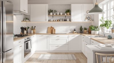 Helle skandinavische Küche mit weißen Schränken und Holzarbeitsplatten.