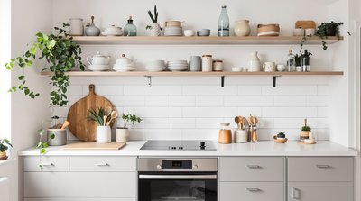 Kompakte, lichtdurchflutete skandinavische Küche mit offenen Regalen und weißen U-Bahn-Fliesen.