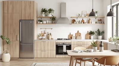 Gemütliche skandinavische Küche mit natürlichen Holzelementen und weißen Wänden.