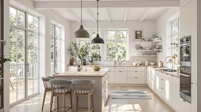 Geräumige skandinavische Küche mit großen Fenstern und hellen Möbeln.