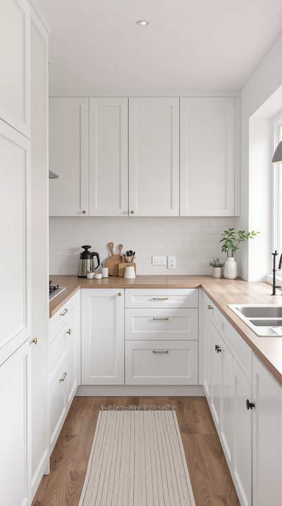 Helle skandinavische Küche mit weißen Schränken und Holzarbeitsplatten.