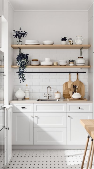 Kompakte, lichtdurchflutete skandinavische Küche mit offenen Regalen und weißen U-Bahn-Fliesen.