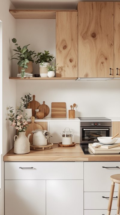 Gemütliche skandinavische Küche mit natürlichen Holzelementen und weißen Wänden.