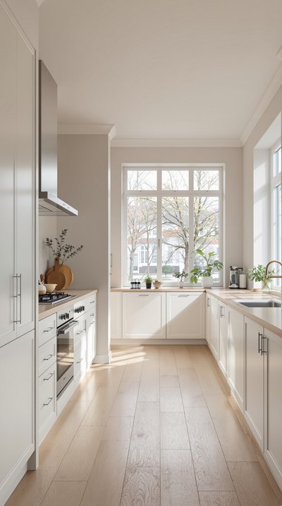 Geräumige skandinavische Küche mit großen Fenstern und hellen Möbeln.