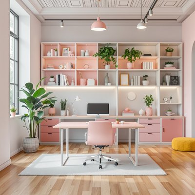 Helles Testbüro mit Pastellfarbakzenten und offenen Regaleinheiten