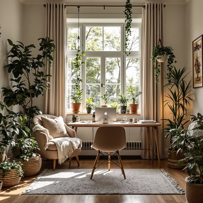 Gemütliches Testbüro mit erdfarbenem Dekor, plüschigen Sitzgelegenheiten und Zimmerpflanzen