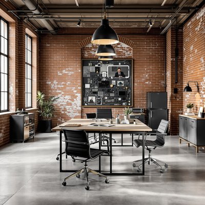 Testbüro im Industriestil mit freiliegenden Ziegelwänden und Metallmöbeln