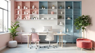 Helles Testbüro mit Pastellfarbakzenten und offenen Regaleinheiten