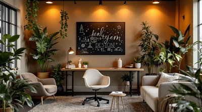 Gemütliches Testbüro mit erdfarbenem Dekor, plüschigen Sitzgelegenheiten und Zimmerpflanzen