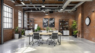 Testbüro im Industriestil mit freiliegenden Ziegelwänden und Metallmöbeln