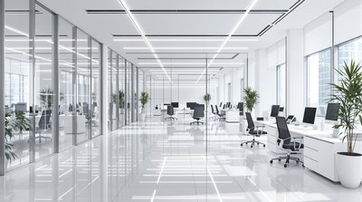 Schlankes und modernes Testbüro mit weißem Mobiliar und Glaswänden