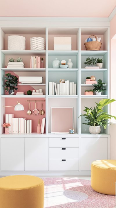 Helles Testbüro mit Pastellfarbakzenten und offenen Regaleinheiten