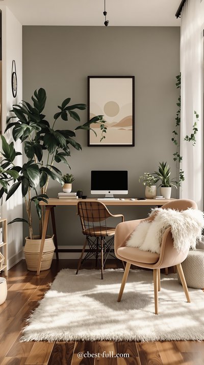 Gemütliches Testbüro mit erdfarbenem Dekor, plüschigen Sitzgelegenheiten und Zimmerpflanzen