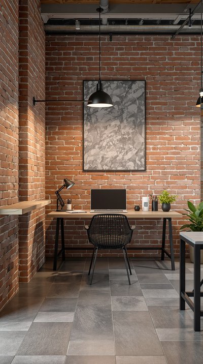 Testbüro im Industriestil mit freiliegenden Ziegelwänden und Metallmöbeln