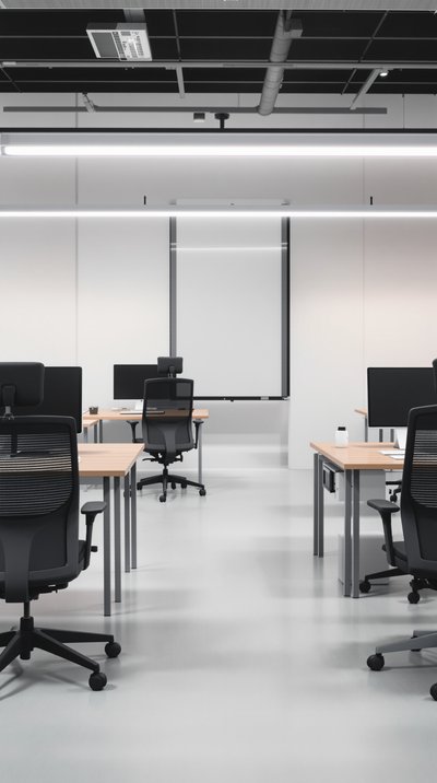 Minimalistisches Testbüro mit schwarzen ergonomischen Stühlen und hölzernen Schreibtischen