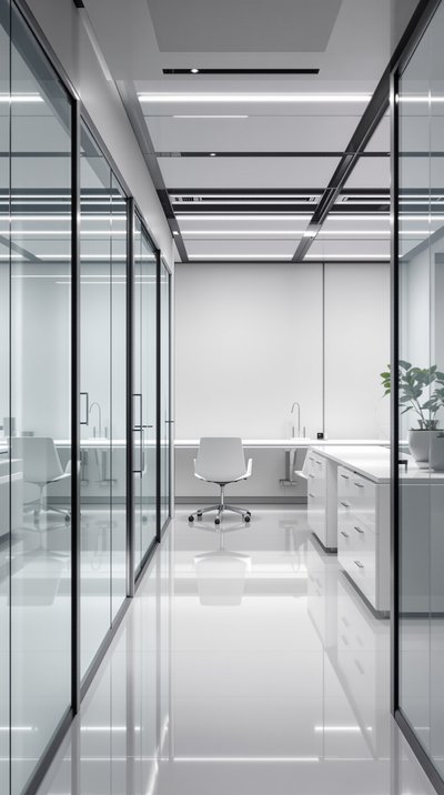 Schlankes und modernes Testbüro mit weißem Mobiliar und Glaswänden