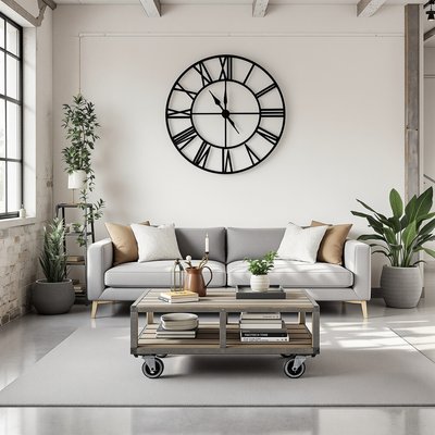 Schickes Wohnzimmer im Industriestil mit Betonböden, großer Wanduhr und einem alten Fabrikwagen als Couchtisch.
