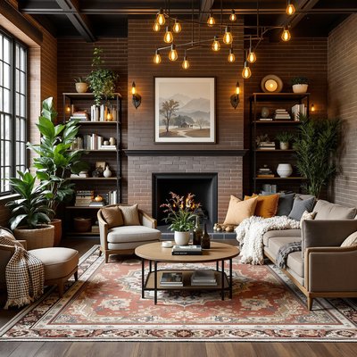 Gemütliches Wohnzimmer im Industriestil mit warmen Teppichen, Eisen-Bücherregalen und Lichtinstallationen mit Edison-Glühbirnen