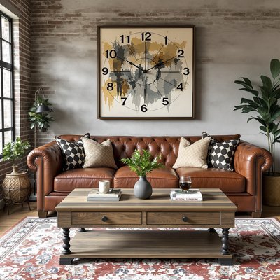 Wohnzimmer im Industriestil mit abgenutztem Ledersofa und Couchtisch aus wiederverwendetem Holz