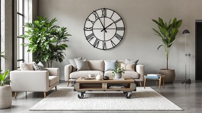 Schickes Wohnzimmer im Industriestil mit Betonböden, großer Wanduhr und einem alten Fabrikwagen als Couchtisch.