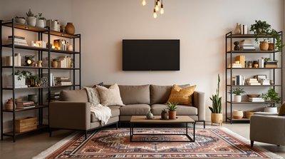 Gemütliches Wohnzimmer im Industriestil mit warmen Teppichen, Eisen-Bücherregalen und Lichtinstallationen mit Edison-Glühbirnen