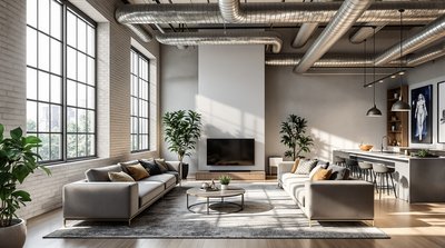 Loft-Stil Wohnzimmer mit sichtbaren Lüftungsrohren, großen Fenstern und Metall-Pendelleuchten