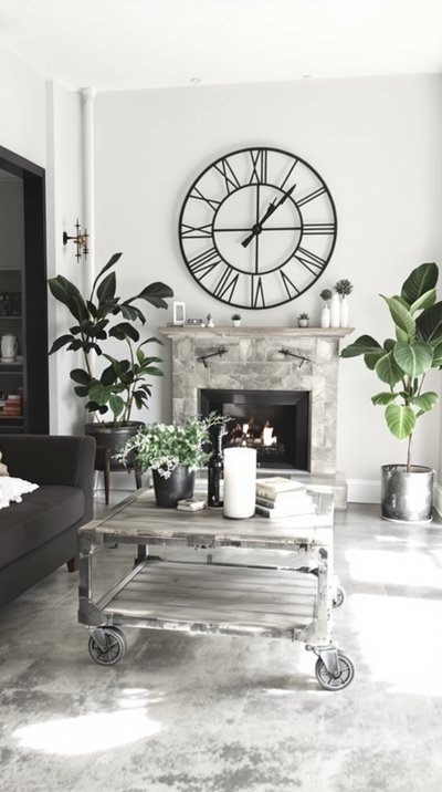 Schickes Wohnzimmer im Industriestil mit Betonböden, großer Wanduhr und einem alten Fabrikwagen als Couchtisch.