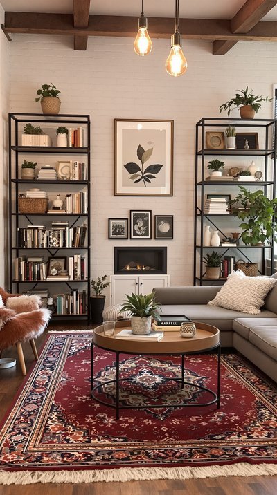 Gemütliches Wohnzimmer im Industriestil mit warmen Teppichen, Eisen-Bücherregalen und Lichtinstallationen mit Edison-Glühbirnen