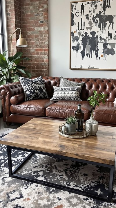 Wohnzimmer im Industriestil mit abgenutztem Ledersofa und Couchtisch aus wiederverwendetem Holz