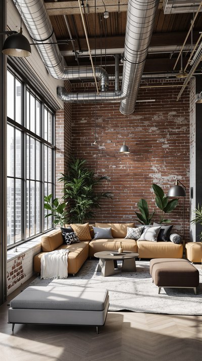 Loft-Stil Wohnzimmer mit sichtbaren Lüftungsrohren, großen Fenstern und Metall-Pendelleuchten