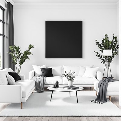 Helles monochromatisches Wohnzimmer mit weißem skandinavischem Möbel und schwarzer Wandkunst.