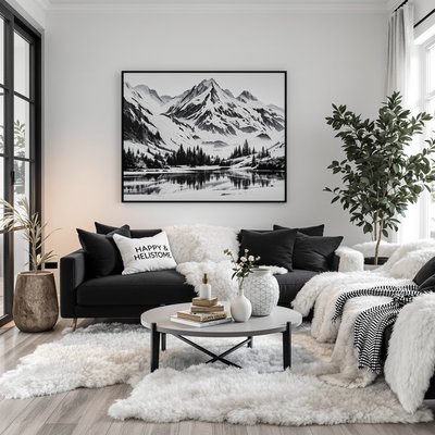 Gemütliches monochromes Wohnzimmer mit weißen Kunstfell-Texturen und schwarzen Möbeln