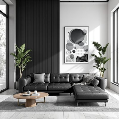 Modernes monochromes Wohnzimmer mit schwarzem Ledersofa und weißen Wänden
